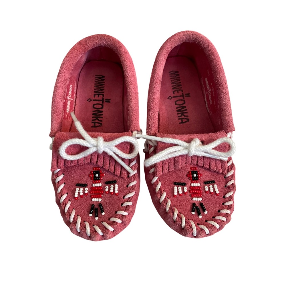 Minnetonka Toddler Pink Suede Thunderbird Beaded Moccasins Size 12 Boho Indie